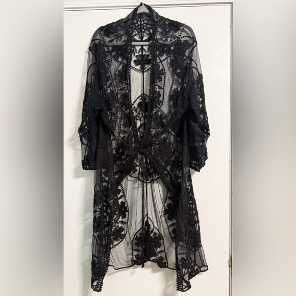 Source Unknown Other - Sheer Black Lace Kimono Duster L Tie Waist Gothic Boho Layer